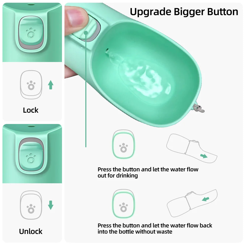 Portable pet water bottle with built-in tray - no bowl needed for dogs and cats