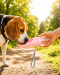 Beagle drinking water from Paws and Beyond portable dog water bottle on a sunny summer trail