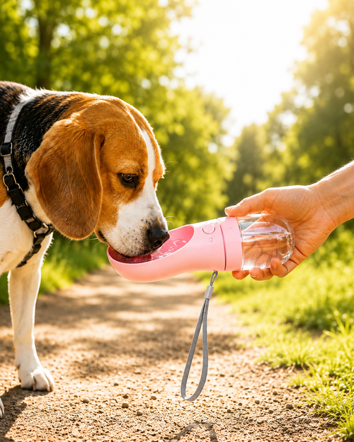 Beagle drinking water from Paws and Beyond portable dog water bottle on a sunny summer trail